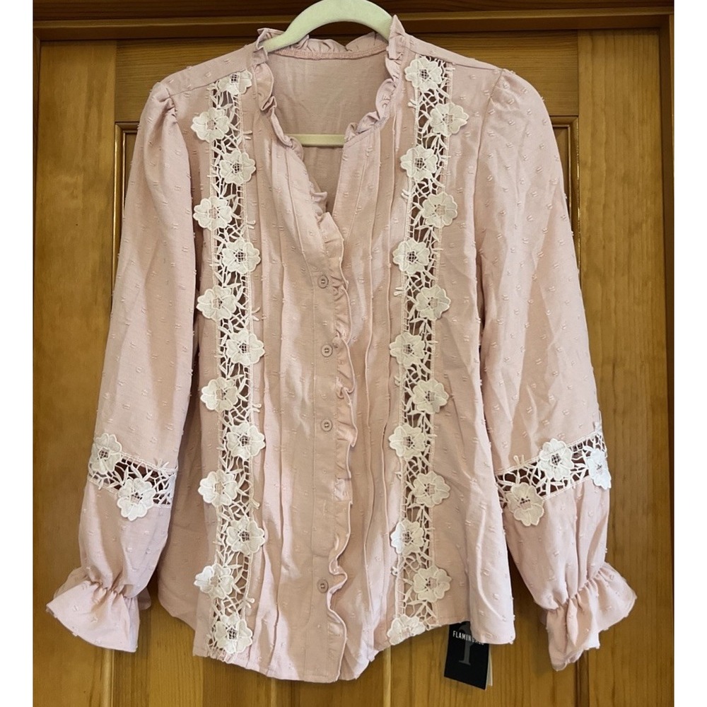 Flamingals Women's Pink Floral Eyelet Button up Blouse Sz Large Long Sleeves